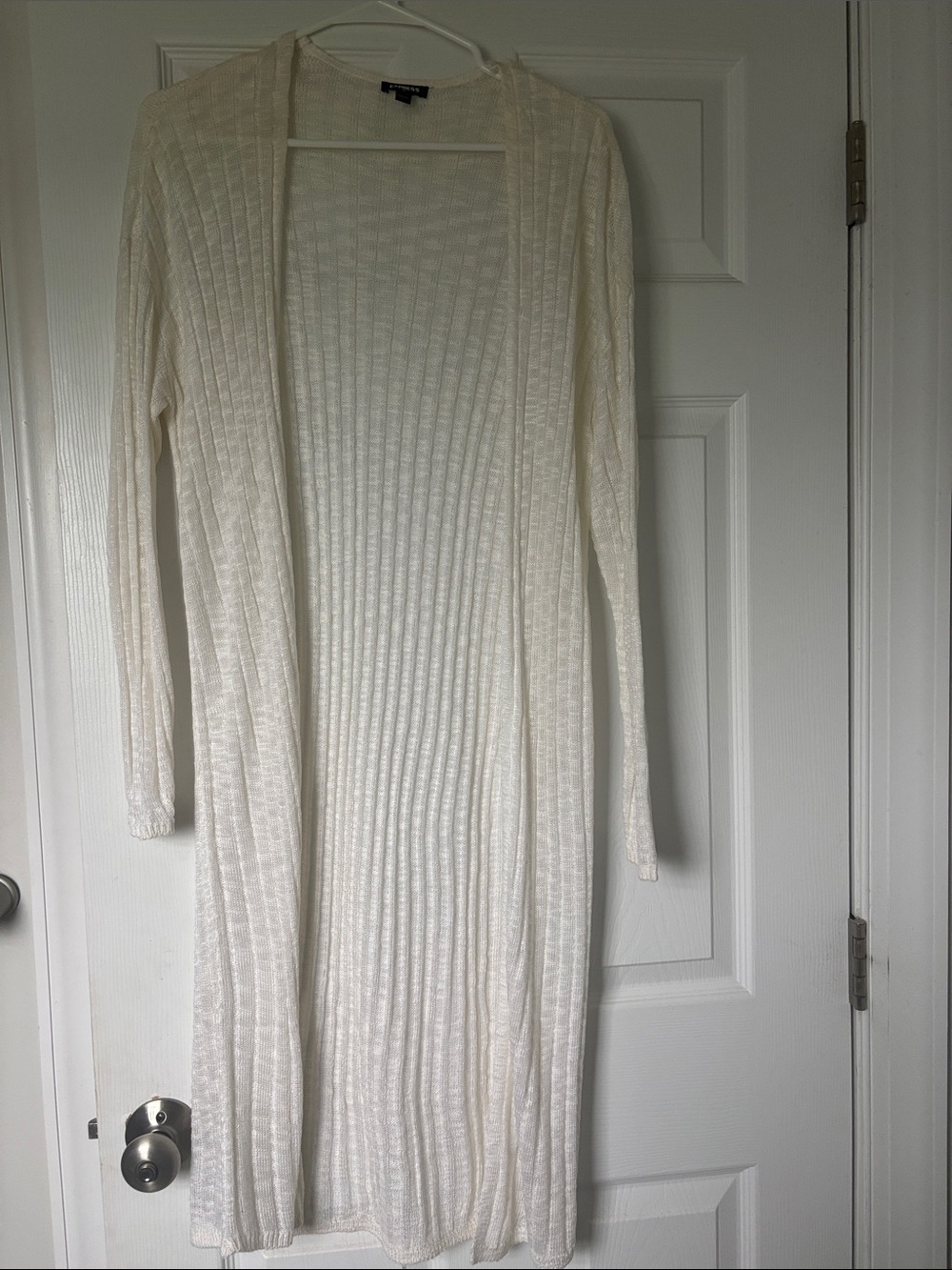 Express size XS Long Open-Front Cream Ribbed Cardigan Dress